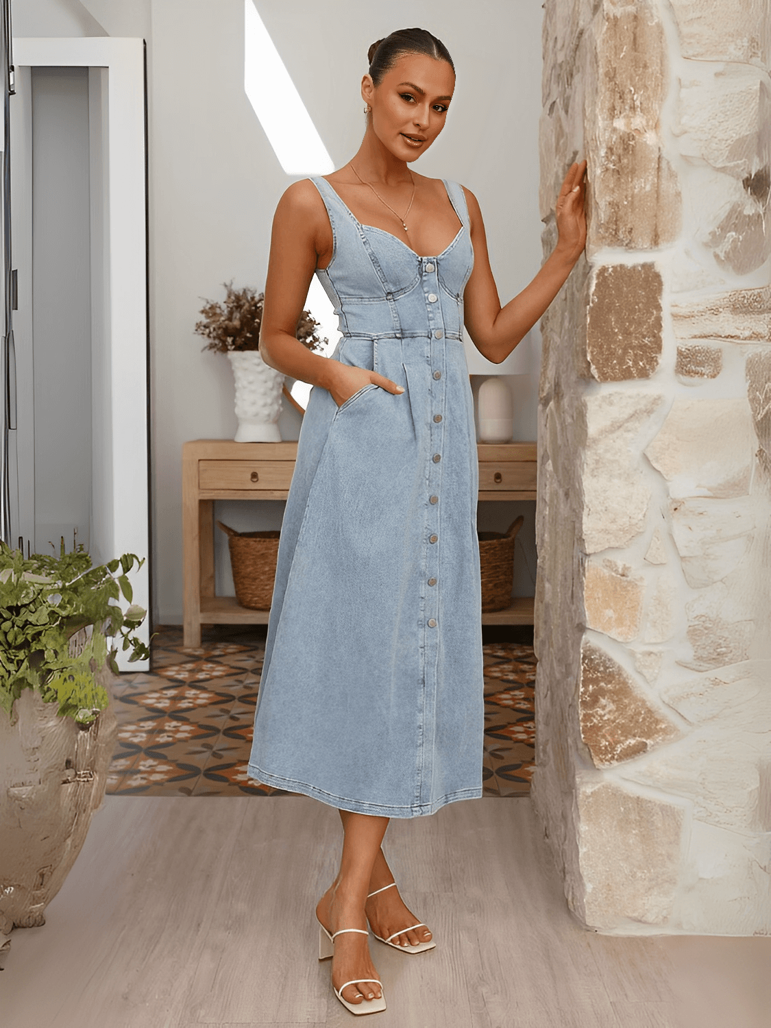 Vestido Jeans Midi com Botões Pilar