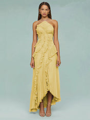 Vestido Midi Assimétrico com Babados e Plissado Lívia