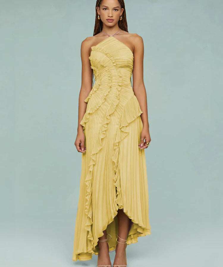 Vestido Midi Assimétrico com Babados e Plissado Lívia