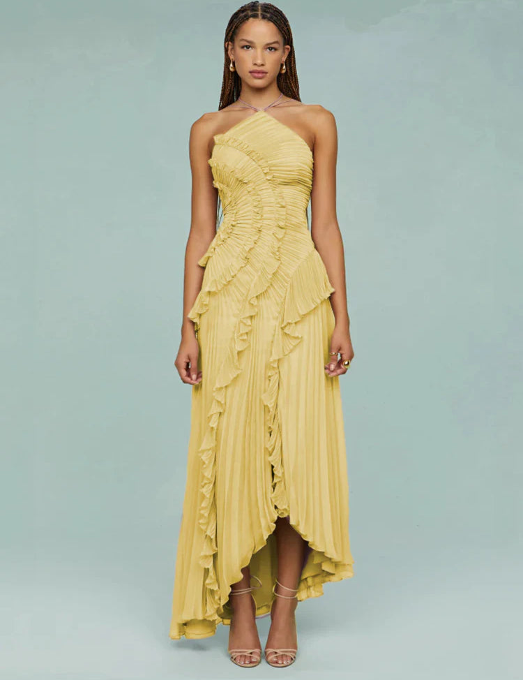 Vestido Midi Assimétrico com Babados e Plissado Lívia