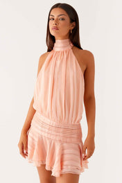 Vestido Amalfi Curto Acetinado com Gola Alta Drapeada