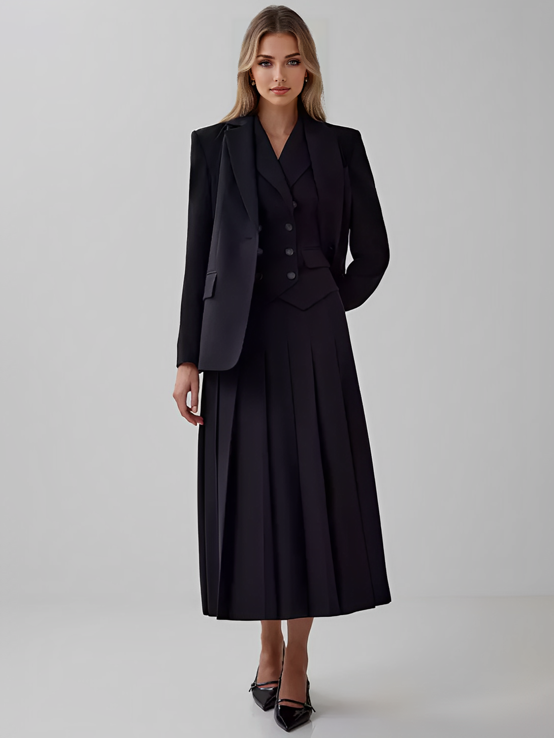 Conjunto Lizandra em Alfaiataria com Colete e Saia Midi