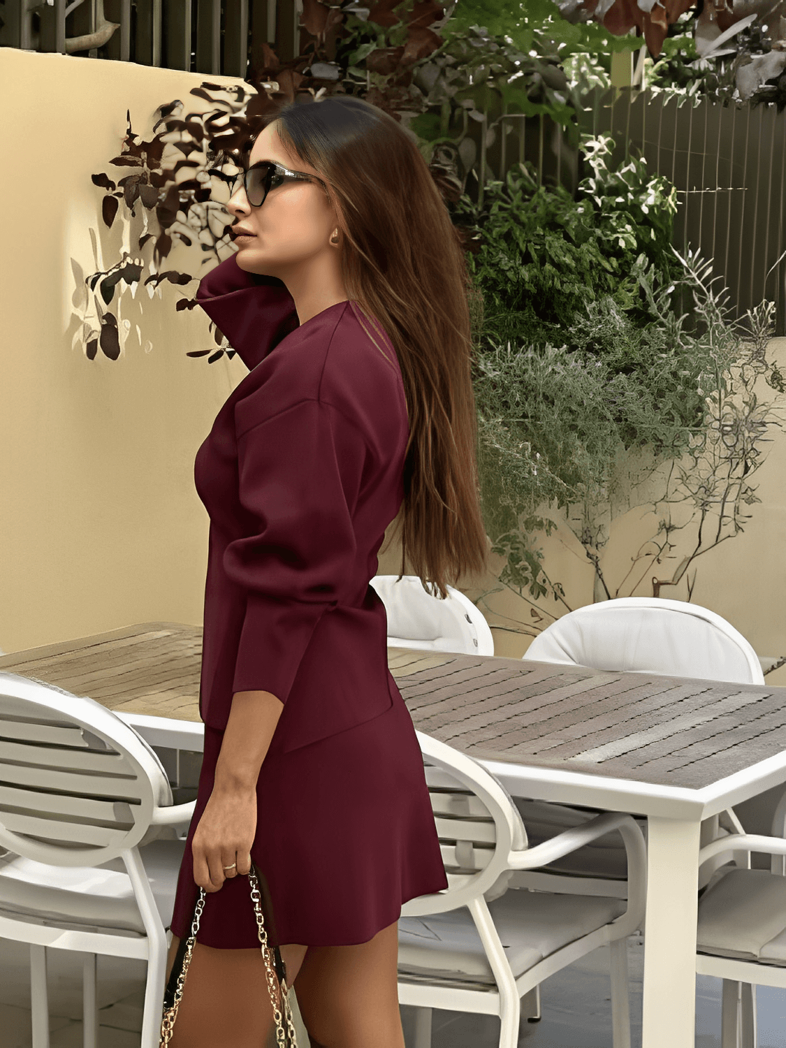 Conjunto Tricô Gola V e Saia Curta Viviene