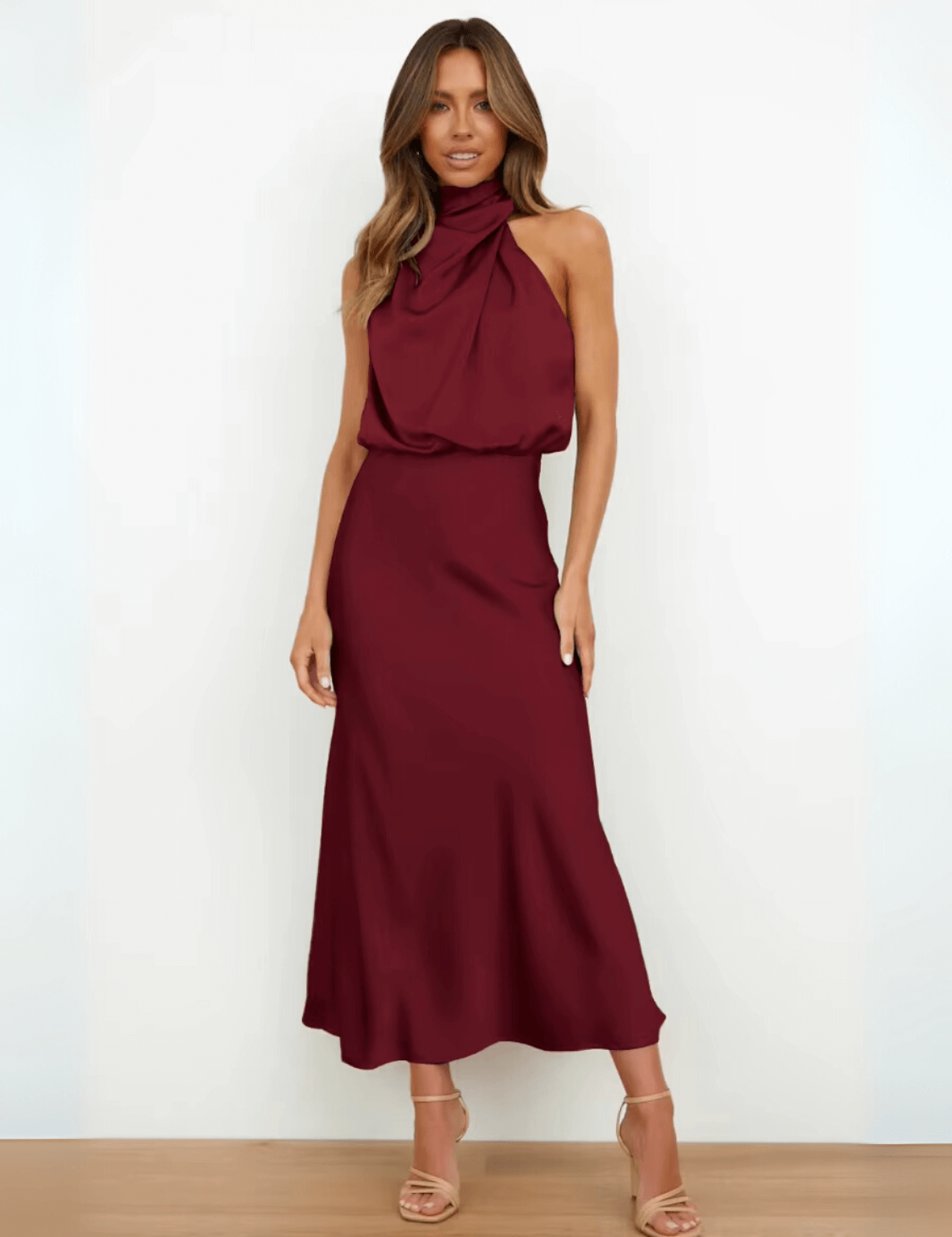 Vestido Midi Acetinado Gola Alta Drapeada Rayca