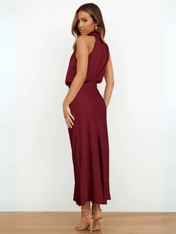 Vestido Midi Acetinado Gola Alta Drapeada Rayca