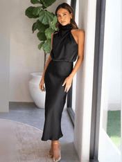 Vestido Midi Acetinado Gola Alta Drapeada Rayca