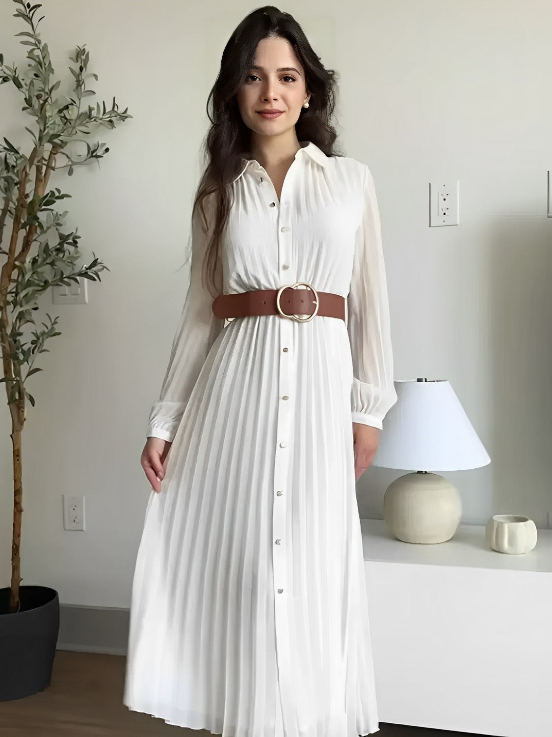 Vestido Chemise Midi Plissado Fleur