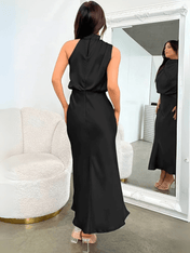 Vestido Midi Acetinado Gola Alta Drapeada Rayca