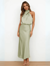 Vestido Midi Acetinado Gola Alta Drapeada Rayca