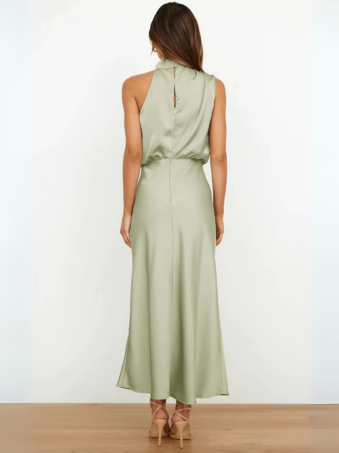 Vestido Midi Acetinado Gola Alta Drapeada Rayca