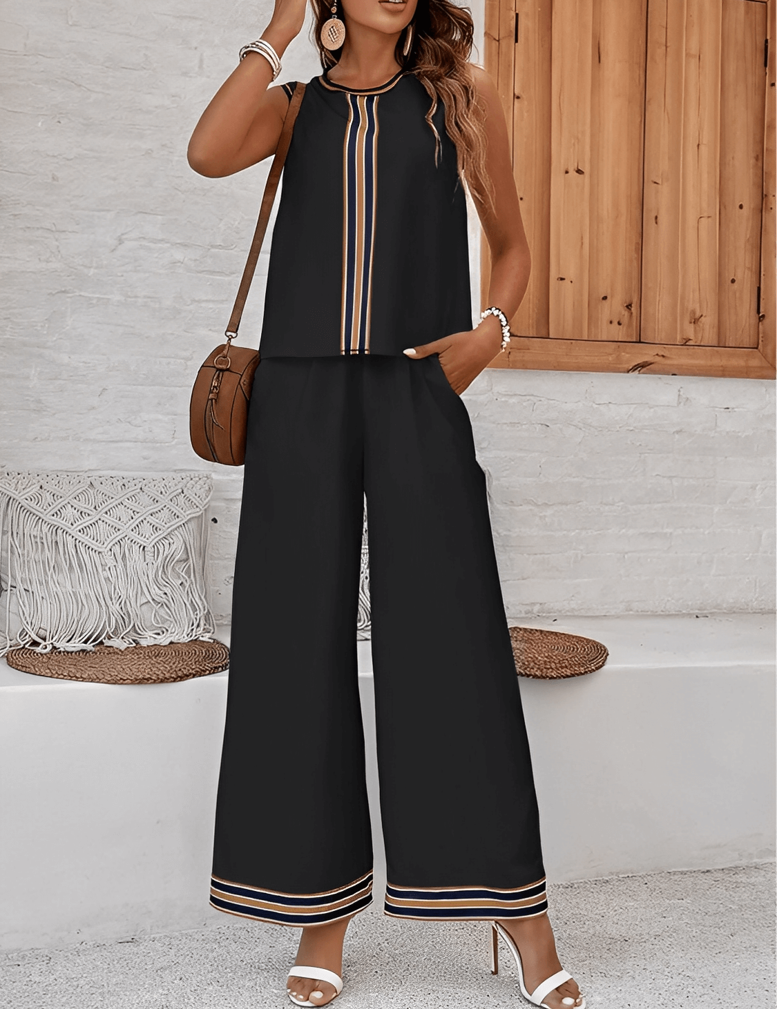 Conjunto Melody Alfaiataria com Regata Listrada e Calça Wide Leg