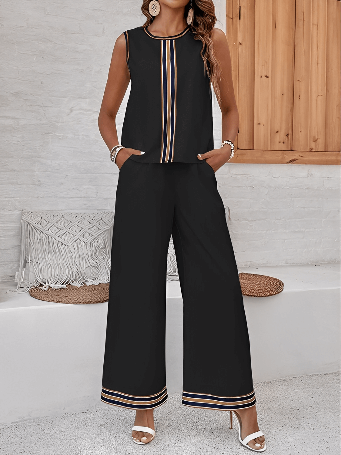 Conjunto Melody Alfaiataria com Regata Listrada e Calça Wide Leg