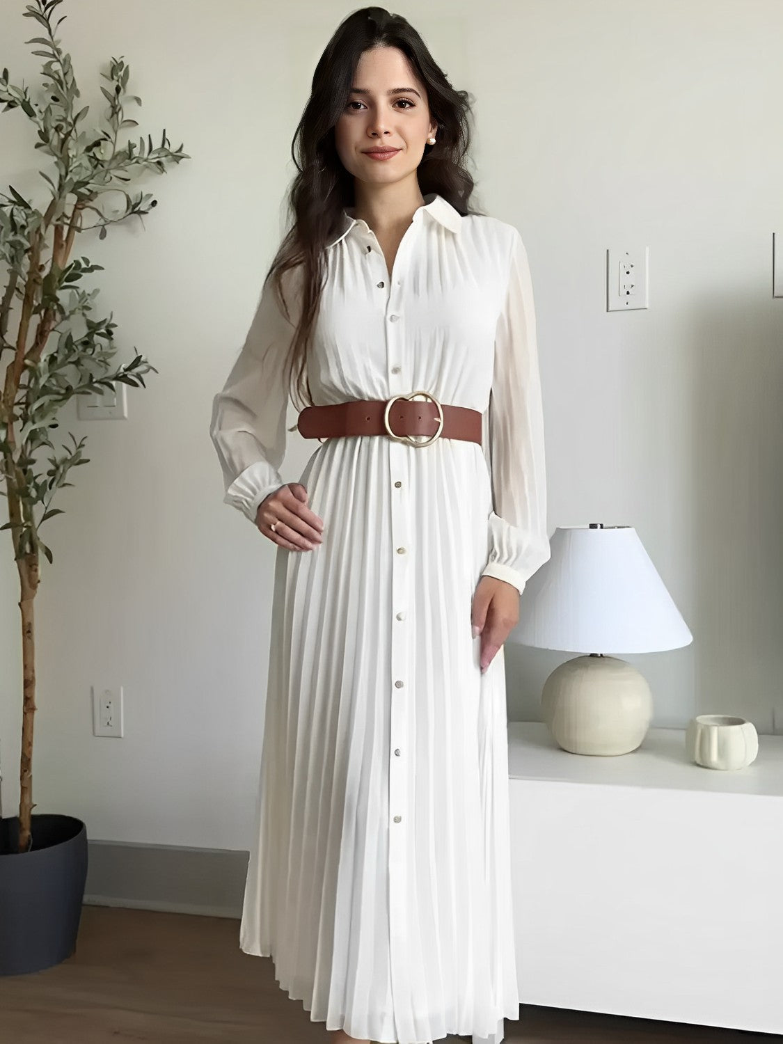 Vestido Chemise Midi Plissado Fleur