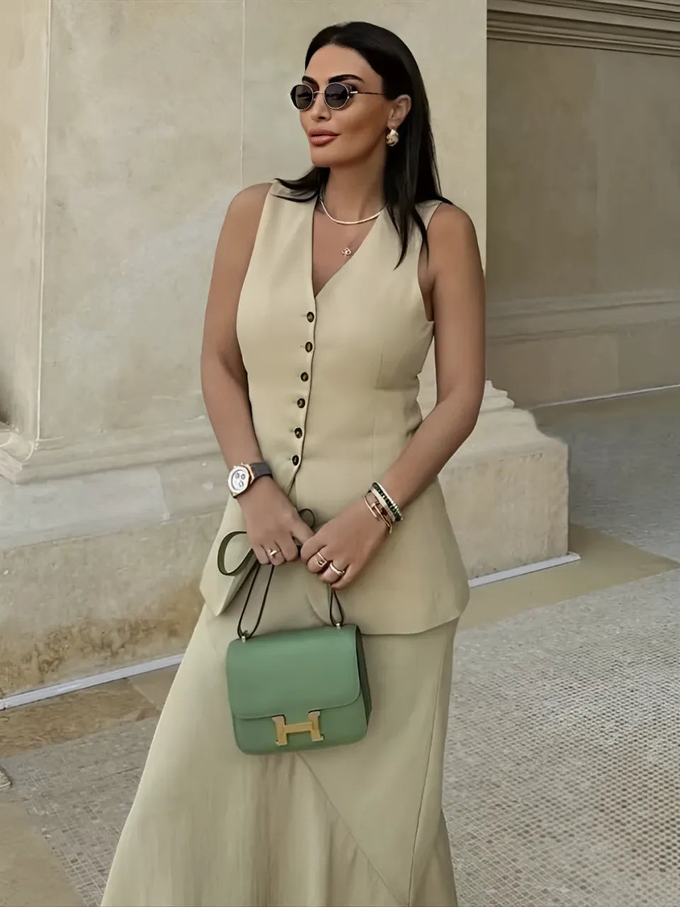 Conjunto Alfaiataria com Colete Abotoado e Saia Longa Fluida Anabelle