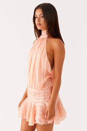 Vestido Amalfi Curto Acetinado com Gola Alta Drapeada