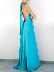 Vestido Hailey Longo Acetinado com Gola Halter e Costas Vazadas