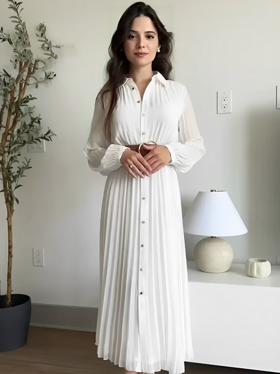 Vestido Chemise Midi Plissado Fleur