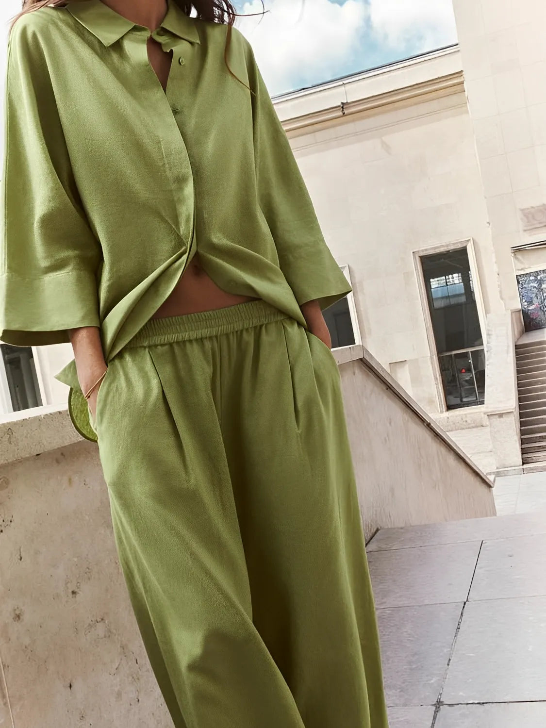 Conjunto Daniela com Camisa Manga Longa e Calça Pantalona Toque Linho