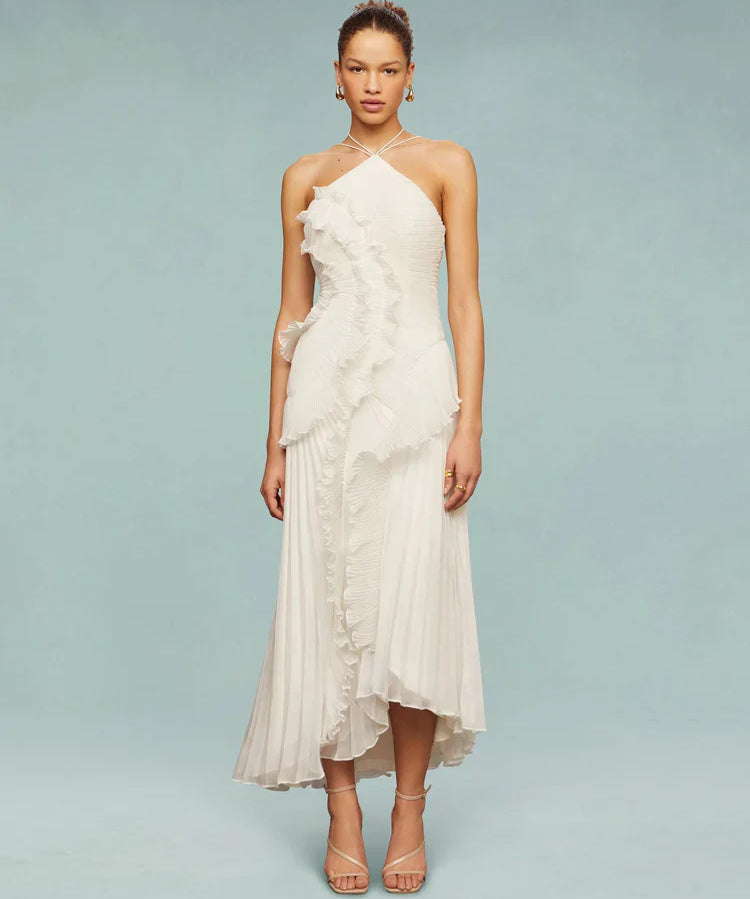 Vestido Midi Assimétrico com Babados e Plissado Lívia