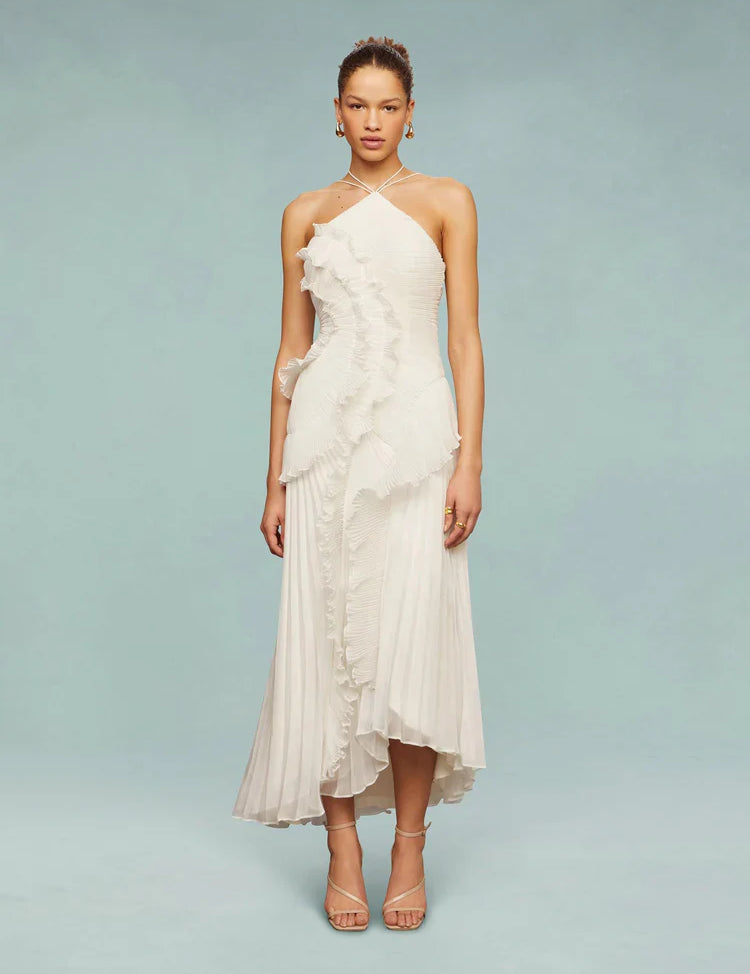 Vestido Midi Assimétrico com Babados e Plissado Lívia