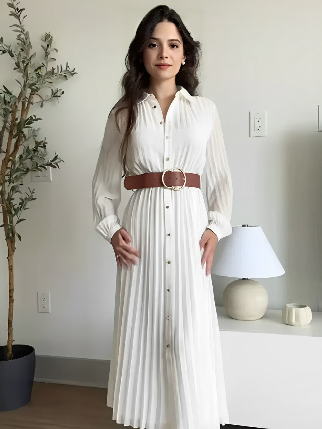 Vestido Chemise Midi Plissado Fleur