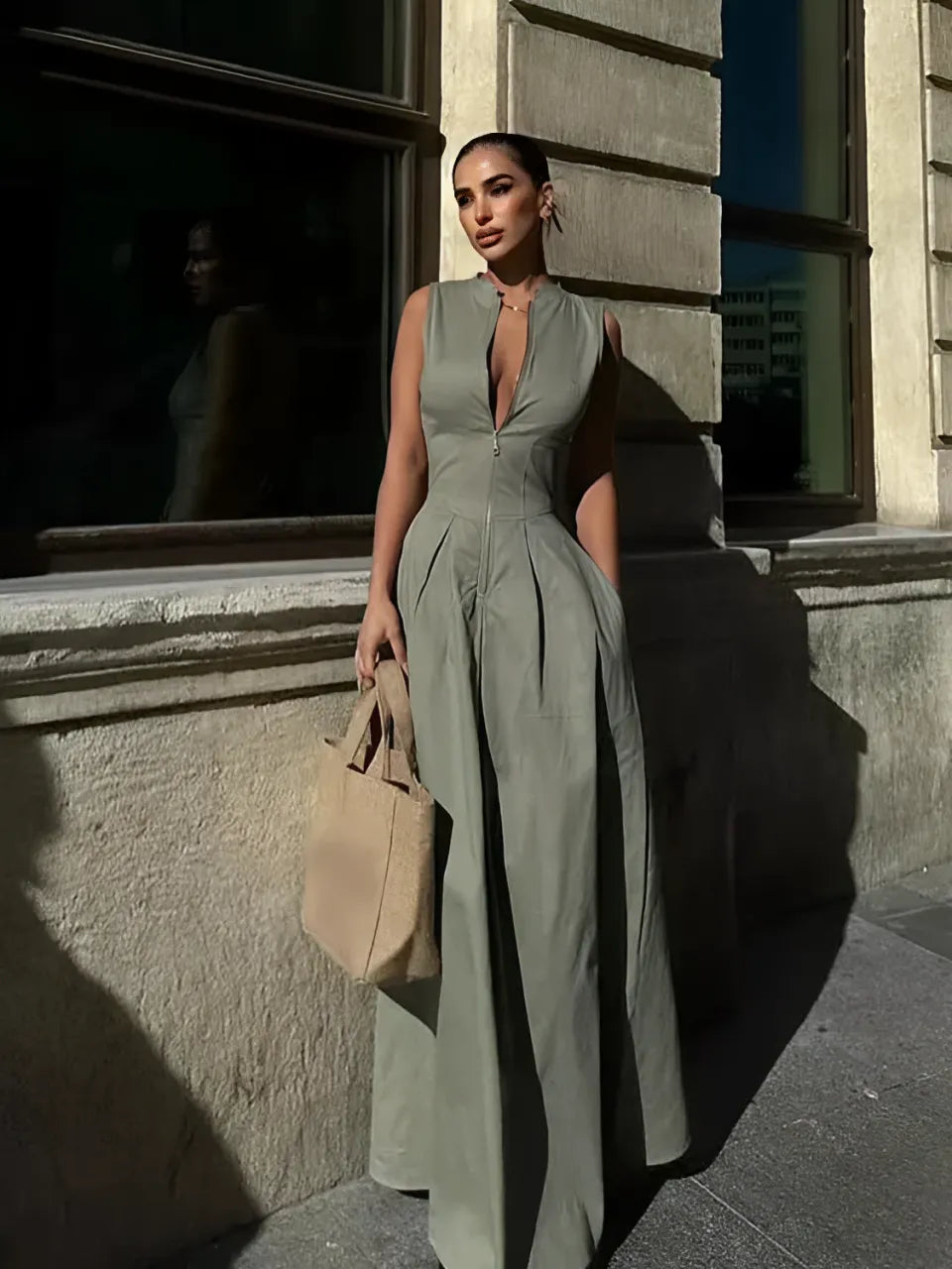 Vestido Longo com Zíper e Bolsos Liriel