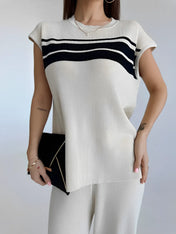 Conjunto Listrado Emilia em Viscose com Blusa Manga Curta e Calça Wide Leg