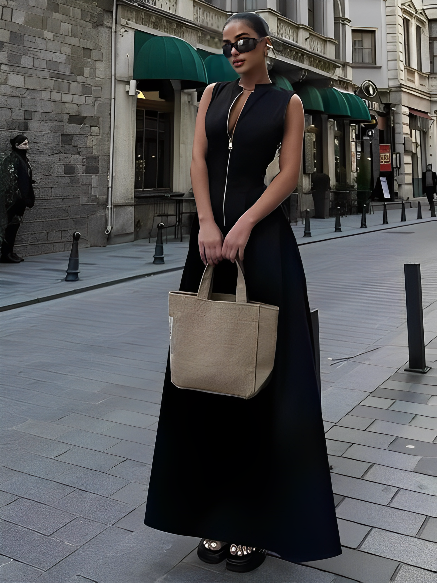 Vestido Longo com Zíper e Bolsos Liriel