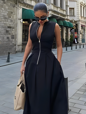 Vestido Longo com Zíper e Bolsos Liriel