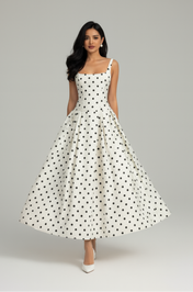 Vestido Solana em Poá com Decote Quadrado e Saia Evasê