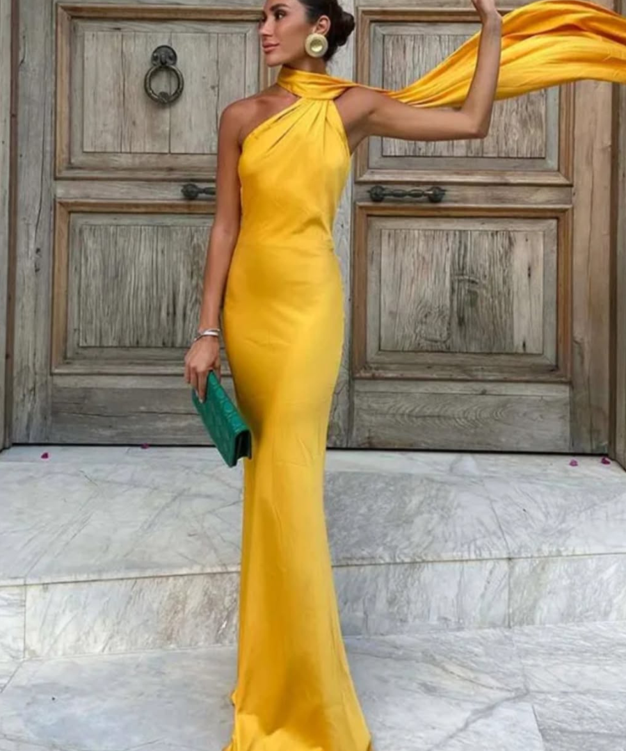 Vestido Longo de Cetim Frente Única Dominique