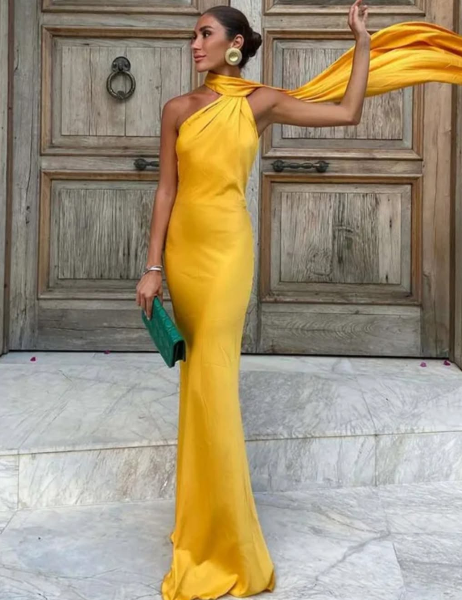 Vestido Longo de Cetim Frente Única Dominique