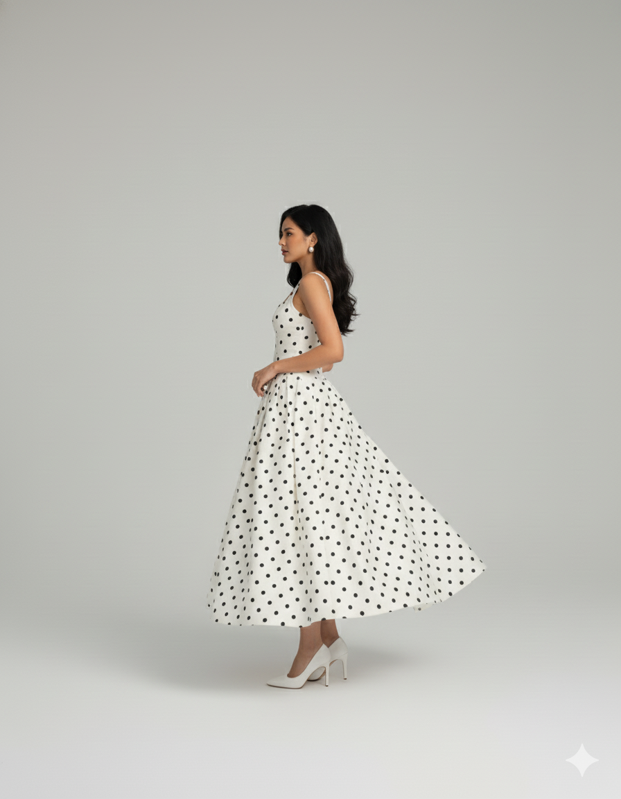 Vestido Solana em Poá com Decote Quadrado e Saia Evasê