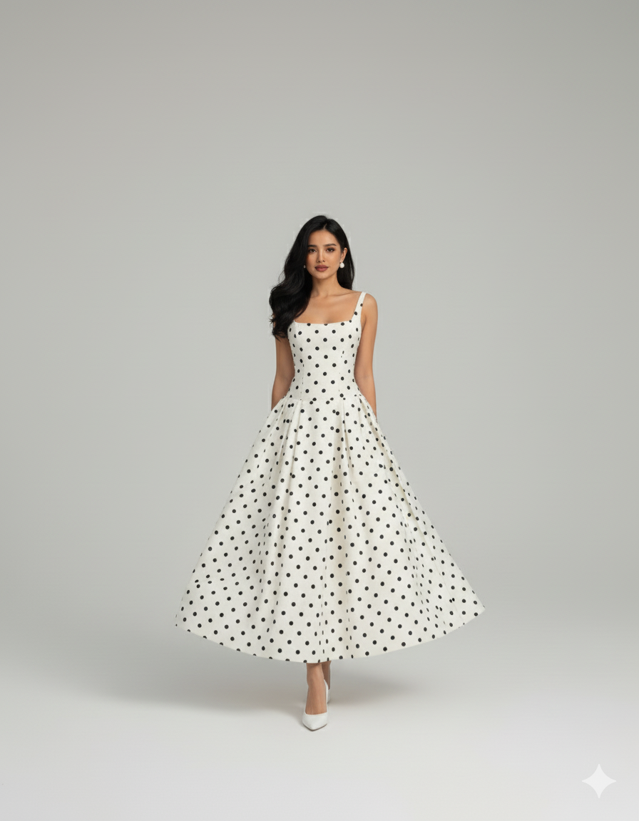 Vestido Solana em Poá com Decote Quadrado e Saia Evasê