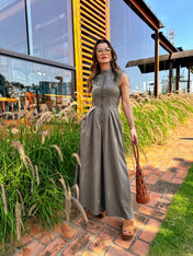 Vestido Longo com Zíper e Bolsos Liriel