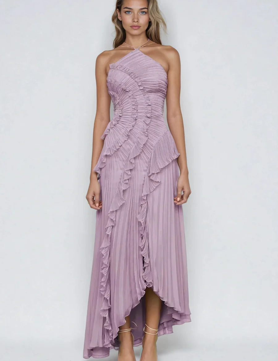 Vestido Midi Assimétrico com Babados e Plissado Lívia