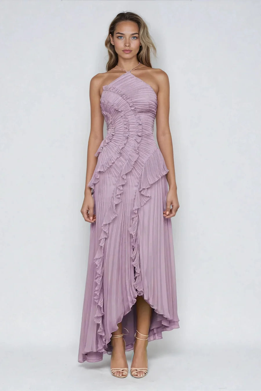 Vestido Midi Assimétrico com Babados e Plissado Lívia