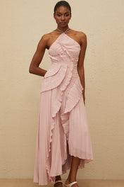 Vestido Midi Assimétrico com Babados e Plissado Lívia