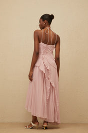 Vestido Midi Assimétrico com Babados e Plissado Lívia