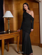 Vestido Sienna Longo em Tule Drapeado de Um Ombro Só