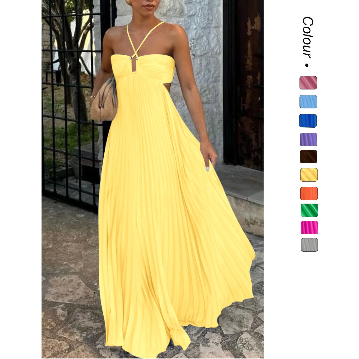 Vestido Loren Longo Plissado com Costas Abertas e Amarração