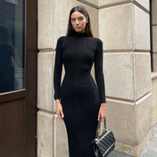 Vestido Amira Midi Canelado com Gola Alta e Manga Longa