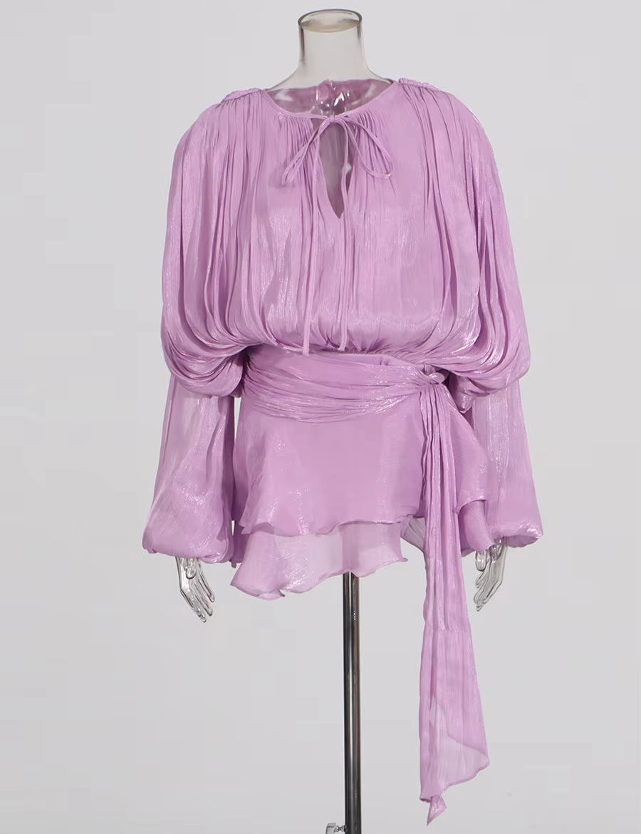 Vestido Bela Curto Acetinado com Babados e Short Invisível