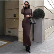 Vestido Amira Midi Canelado com Gola Alta e Manga Longa