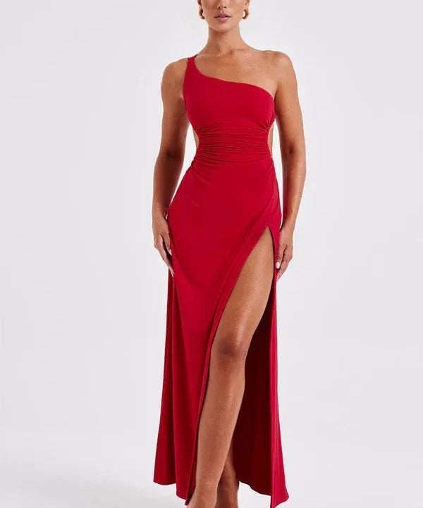 Vestido Longo Um Ombro Só com Fenda Olívia