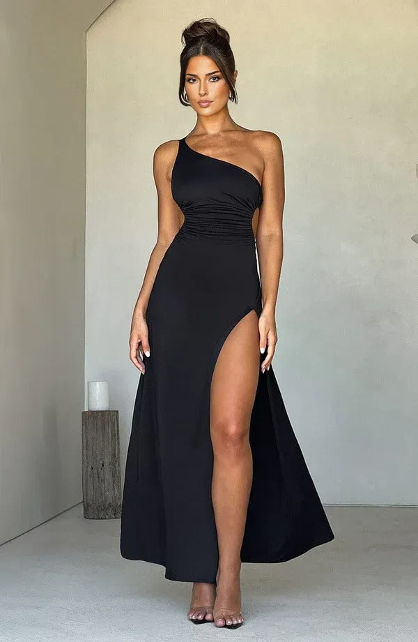 Vestido Longo Um Ombro Só com Fenda Olívia