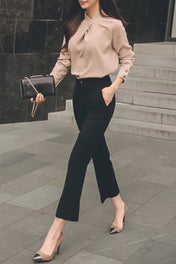 Camisa Karina Manga Longa Gola Alta Assimétrica