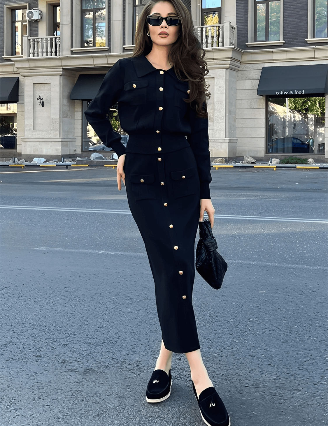 Conjunto alfaiataria feminino preto com suéter gola virada e saia midi