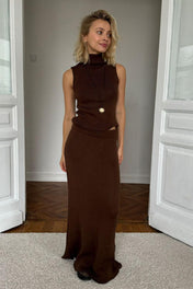 Conjunto Amaya Tricô Canelado Saia Longa e Regata Gola Alta