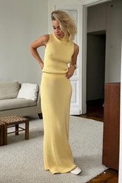 Conjunto Amaya Tricô Canelado Saia Longa e Regata Gola Alta